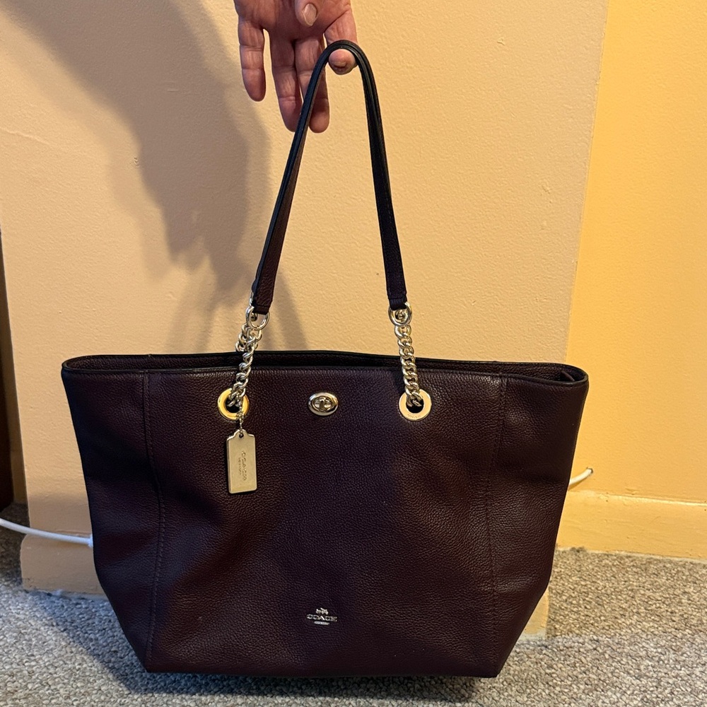 Coach Pebble Leather Turnlock Chain Tote Bag, Oxblood